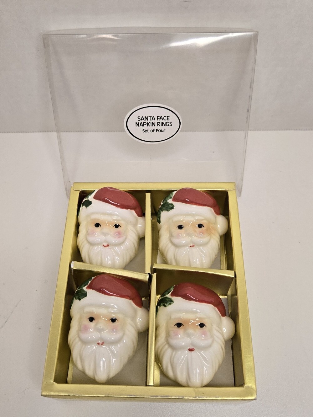 Vintage Fitz & Floyd Ceramic Santa Face Napkin Rings Set of Four Korea